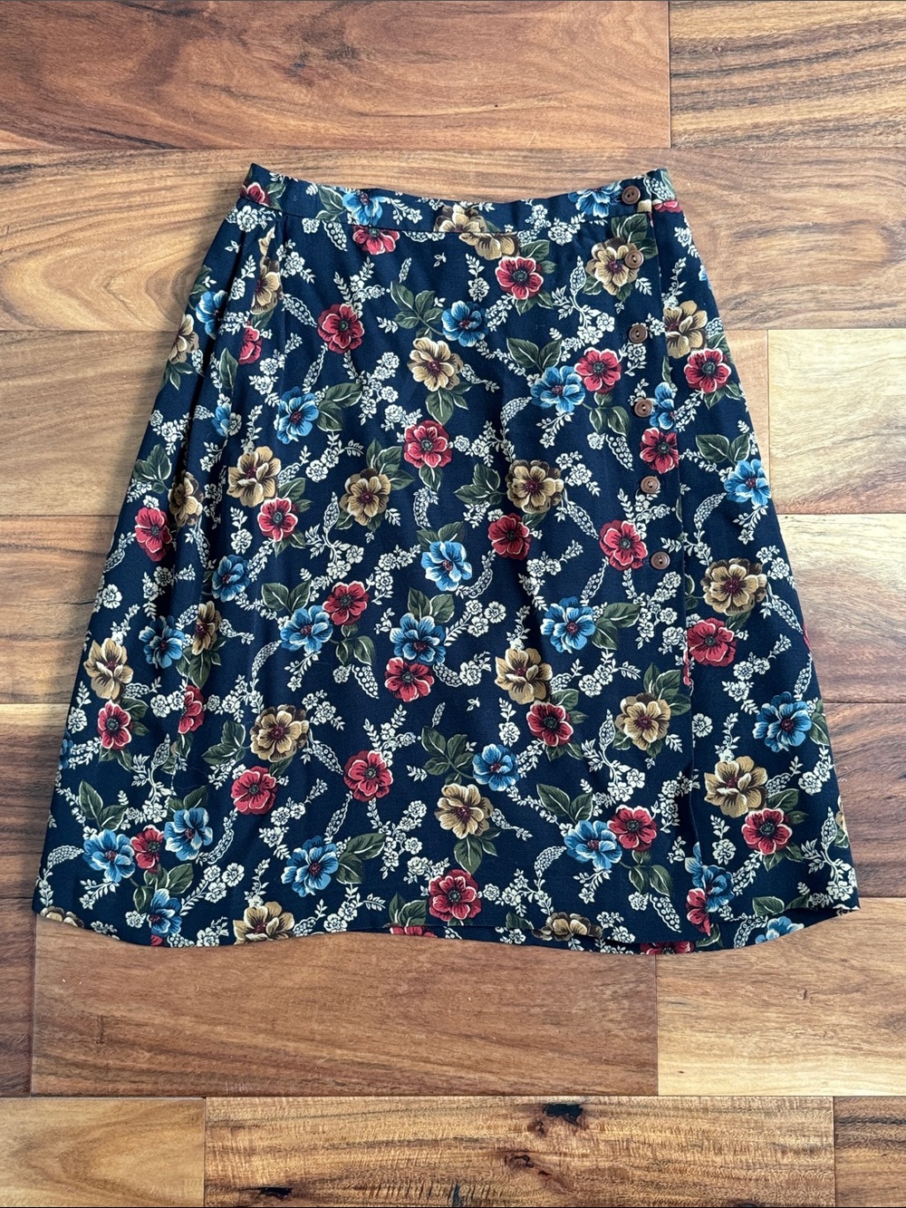 Vintage Breeches Navy Floral A-Line Wrap Skirt with Floral Blooms Print Size 4